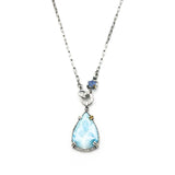 Teardrop cabochon Larimar pendant necklace and blue kyanite with oxidized sterling silver chain