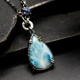 Teardrop cabochon Larimar pendant necklace and blue kyanite with oxidized sterling silver chain