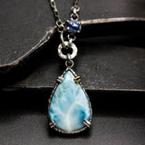 Teardrop cabochon Larimar pendant necklace and blue kyanite with oxidized sterling silver chain