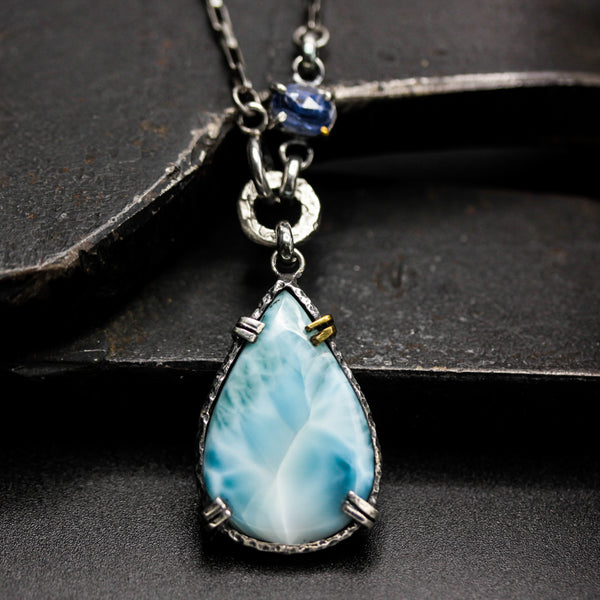 Teardrop cabochon Larimar pendant necklace and blue kyanite with oxidized sterling silver chain
