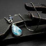 Teardrop cabochon Larimar pendant necklace and blue kyanite with oxidized sterling silver chain