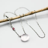 Teardrop cabochon Rose quartz pendant neckalce and multi pink sapphire with sterling silver chain