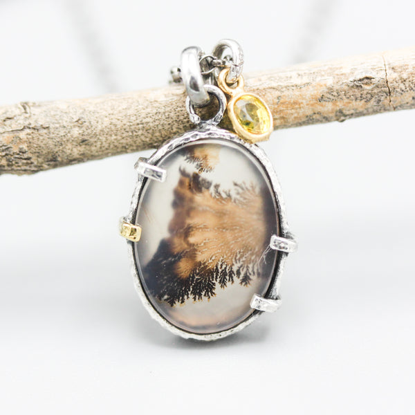 Autumn leave dendritic quartz pendant necklace with yellow sapphire on sterling silver chain