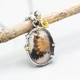 Autumn leave dendritic quartz pendant necklace with yellow sapphire on sterling silver chain