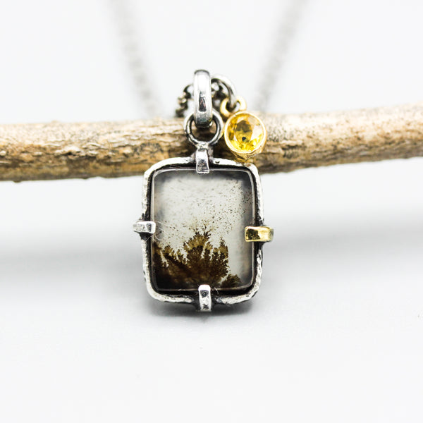 Fern forest dendritic quartz pendant necklace with yellow sapphire on sterling silver chain