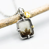Fern forest dendritic quartz pendant necklace with yellow sapphire on sterling silver chain