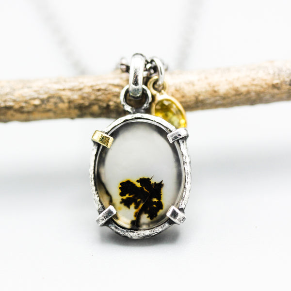 Tree of Life dendritic quartz pendant necklace with yellow sapphire on sterling silver chain