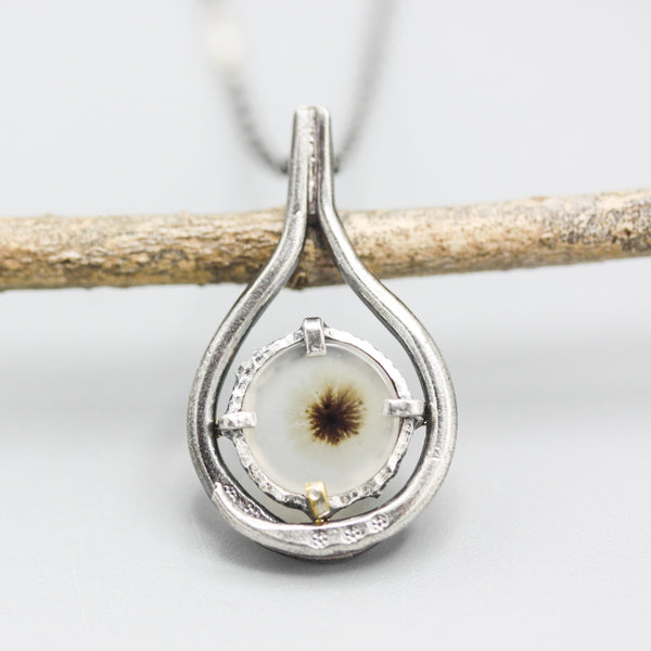 A garden Dendritic quartz pendant necklace in sterling silver bezel and prongs setting with silver vine design on sterling silver chain