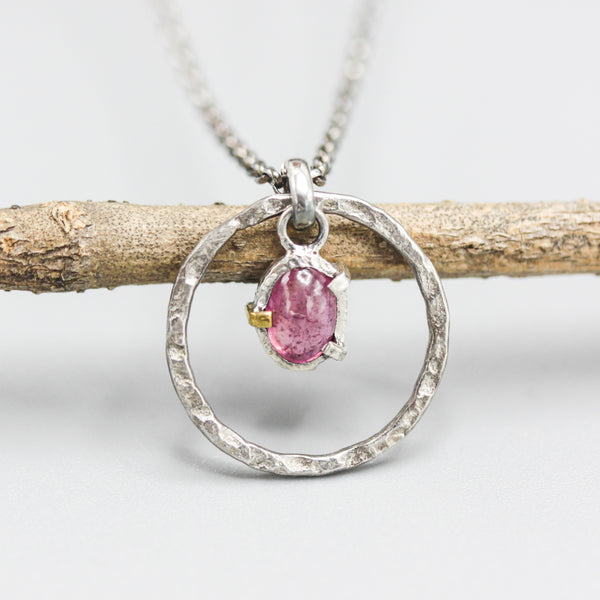 Oval Pink Sapphire pendant necklace and circle shape hoop with sterling silver chain