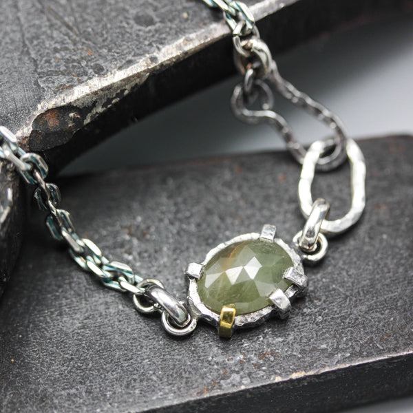 Oval gray Sapphire bracelet in silver bezel and  prongs setting and sterling silver oxidized chain