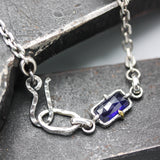 Bracelet rectangle faceted Siamese blue sapphire with oxidized sterling silver chain