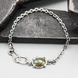 Oval gray Sapphire bracelet in silver bezel and  prongs setting and sterling silver oxidized chain