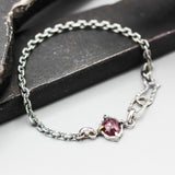 Bracelet Tiny faceted red ruby in silver bezel and prongs setting with sterling silver oxidized chain