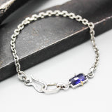 Bracelet rectangle faceted Siamese blue sapphire with oxidized sterling silver chain