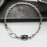 Bracelet rectangle faceted Siamese blue sapphire with oxidized sterling silver chain