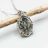 Marquise Moss agate pendant necklace in silver bezel and prongs setting with sapphire on sterling silver chain