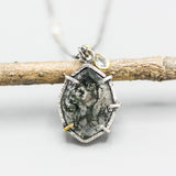 Marquise Moss agate pendant necklace in silver bezel and prongs setting with sapphire on sterling silver chain