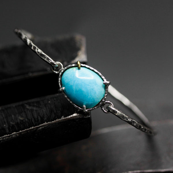 Natural blue turquoise bangle bracelet in silver bezel and prongs setting with sterling silver  hard texture oxidized finished band