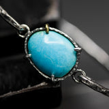 Natural blue turquoise bangle bracelet in silver bezel and prongs setting with sterling silver  hard texture oxidized finished band