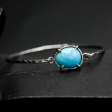 Natural blue turquoise bangle bracelet in silver bezel and prongs setting with sterling silver  hard texture oxidized finished band