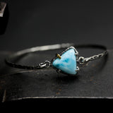 Triangle Larimar bangle bracelet in silver bezel and prongs setting with sterling silver hard texture oxidized finished band