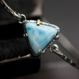 Triangle Larimar bangle bracelet in silver bezel and prongs setting with sterling silver hard texture oxidized finished band