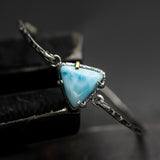Triangle Larimar bangle bracelet in silver bezel and prongs setting with sterling silver hard texture oxidized finished band