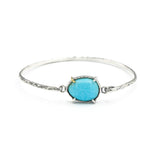Natural blue turquoise bangle bracelet in silver bezel and prongs setting with sterling silver  hard texture oxidized finished band