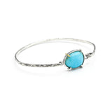 Natural blue turquoise bangle bracelet in silver bezel and prongs setting with sterling silver  hard texture oxidized finished band