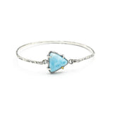 Triangle Larimar bangle bracelet in silver bezel and prongs setting with sterling silver hard texture oxidized finished band