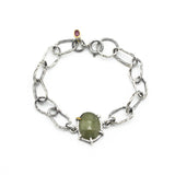 Bracelet oval faceted gray sapphire and Ruby decoration with hoop hard texture oxidized sterling silver chain