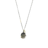 Marquise Moss agate pendant necklace in silver bezel and prongs setting with sapphire on sterling silver chain