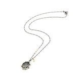 Marquise Moss agate pendant necklace in silver bezel and prongs setting with sapphire on sterling silver chain
