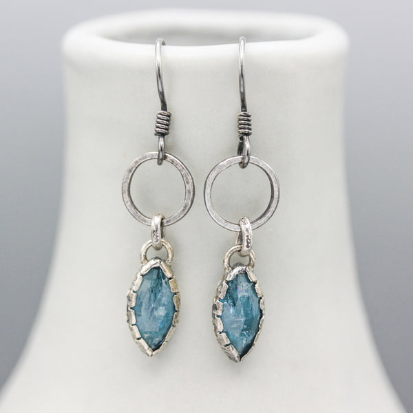 Marquise Blue kyanite earrings in silver bezel setting with silver circle loop on hooks style