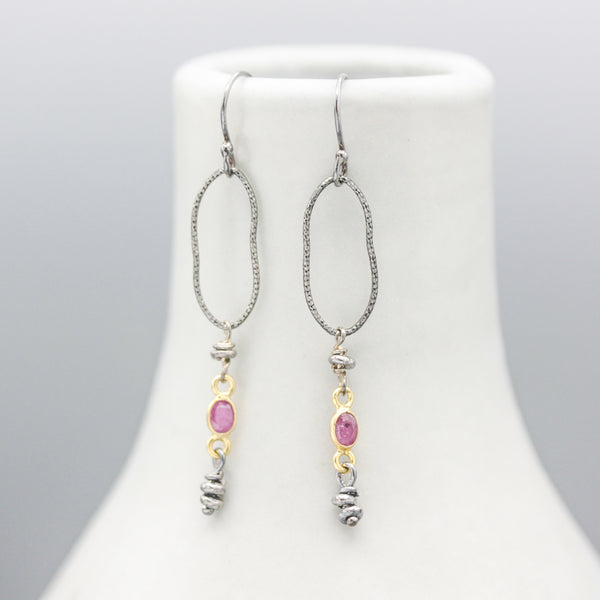 Siamese Ruby Earrings with silver beads and silver peanut shape on hooks style design