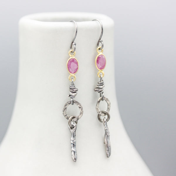 Siamese Ruby Earrings with silver beads, silver circle shape and silver stick on hooks style design