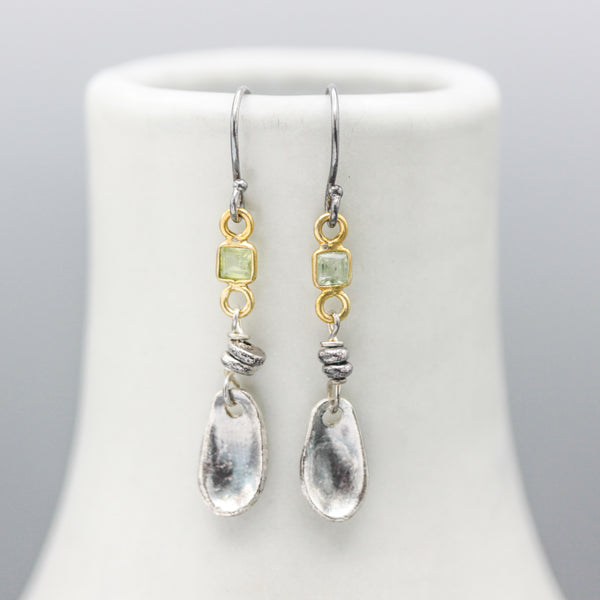 Square green tourmaline earrings in bezel setting with silver leaf on sterling silver hooks style