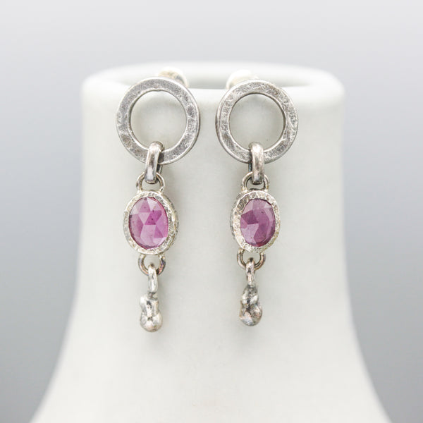 Oval pink sapphire earrings with circle silver loops and silver beads on sterling silver stud style