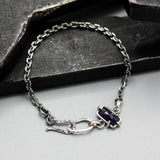 Bracelet rectangle Siamese blue sapphire with oxidized sterling silver chain