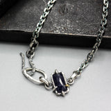 Bracelet rectangle Siamese blue sapphire with oxidized sterling silver chain