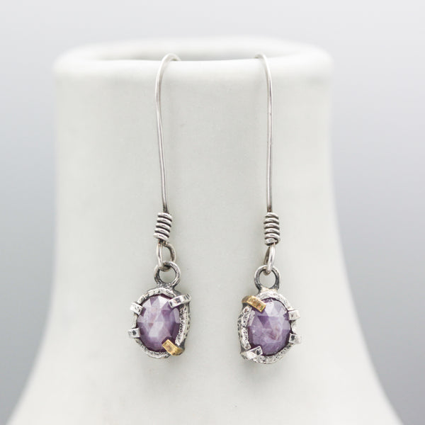 Pink sapphire faceted earrings in bezel and prongs setting with on oxidized sterling silver hooks