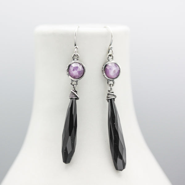 Black onyx faceted earrings with Pink sapphire on oxidized sterling silver hooks style