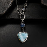 Triangle cabochon Larimar pendant necklace with blue kyanite and moonstone on oxidized sterling silver chain