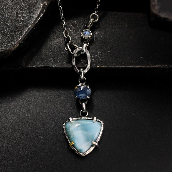 Triangle cabochon Larimar pendant necklace with blue kyanite and moonstone on oxidized sterling silver chain