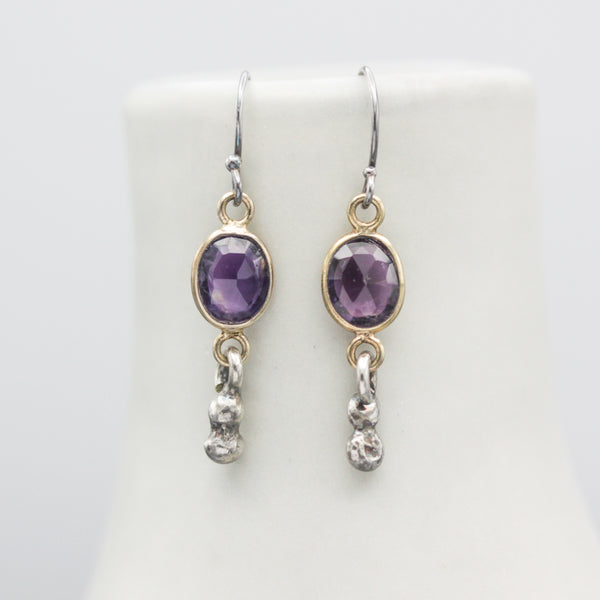 Amethyst earrings in gold plated bezel setting and silver beads on sterling silver hook style