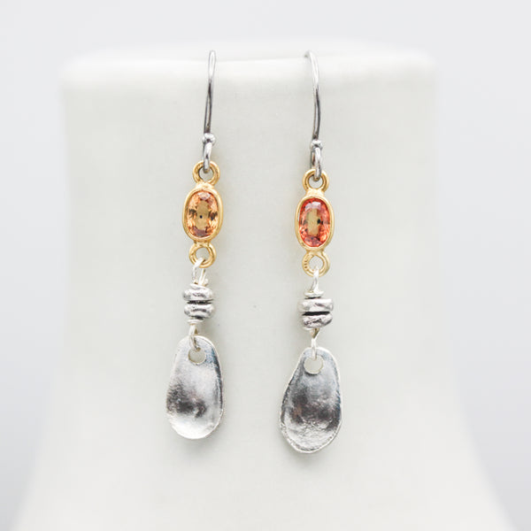 Orange sapphire earrings in bezel setting with silver leaf on sterling silver hooks style