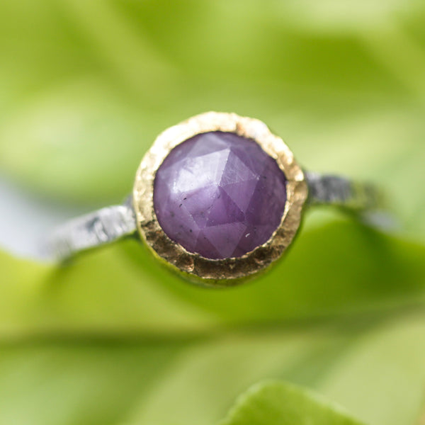 Round pink sapphire ring in brass bezel setting with sterling silver texture band
