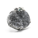 Black natural Brazilian druzy ring in silver bezel and prongs setting with Ant figurine on sterling silver double band