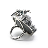 Black natural Brazilian druzy ring in silver bezel and prongs setting with Ant figurine on sterling silver double band