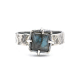 Mystical Square Labradorite Ring  Sterling Silver Hammered Band
